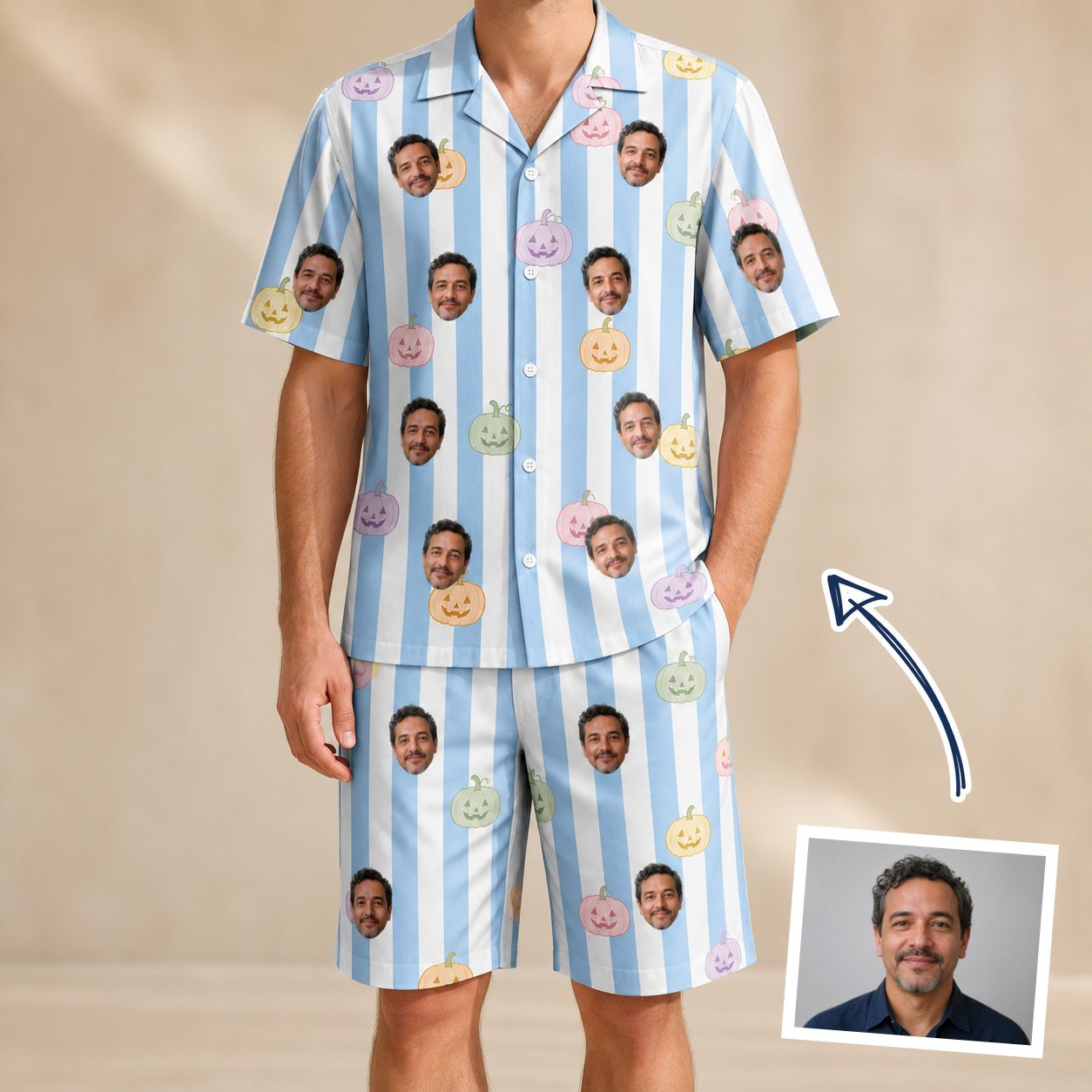 Man wearing Men's Harvest Haunters Custom Face Shirt & Shorts Set — custom faces printed all-over