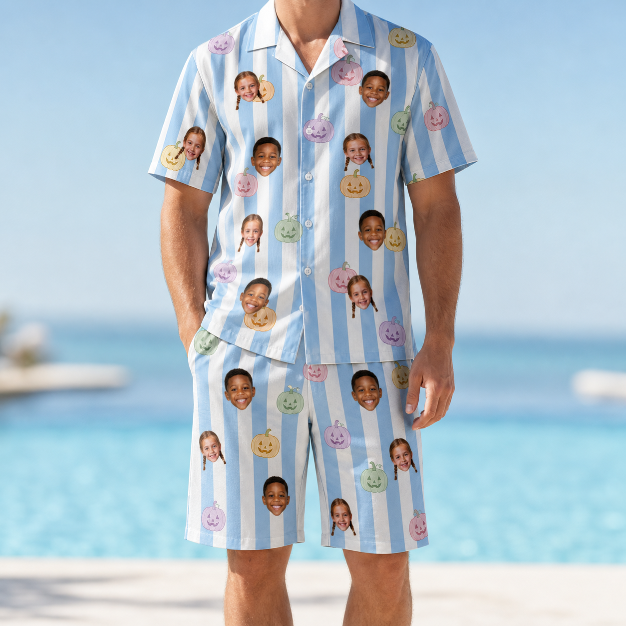 Model wearing Men's Harvest Haunters Custom Face Shirt & Shorts Set printed with kids' faces