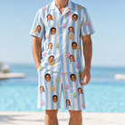 Model wearing Men's Harvest Haunters Custom Face Shirt & Shorts Set printed with kids' faces