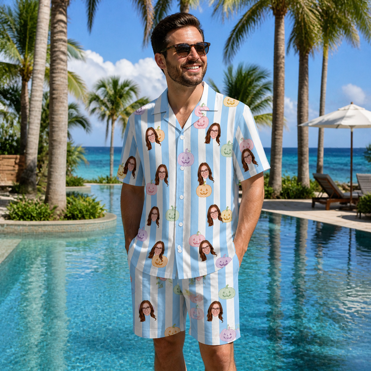 Real-life photo of someone wearing Men's Harvest Haunters Custom Face Shirt & Shorts Set — custom faces printed all-over