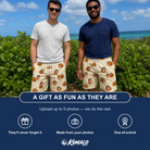 Friends in matching Men's Ember Eyes Custom Face Beach Shorts — a group gift photo