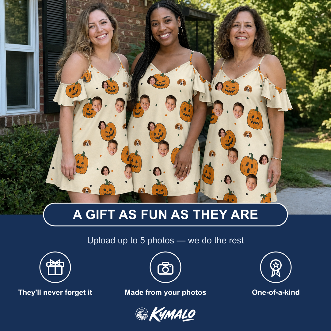 Friends in matching Women's Ember Eyes Custom Face Off-Shoulder Dress — a group gift photo