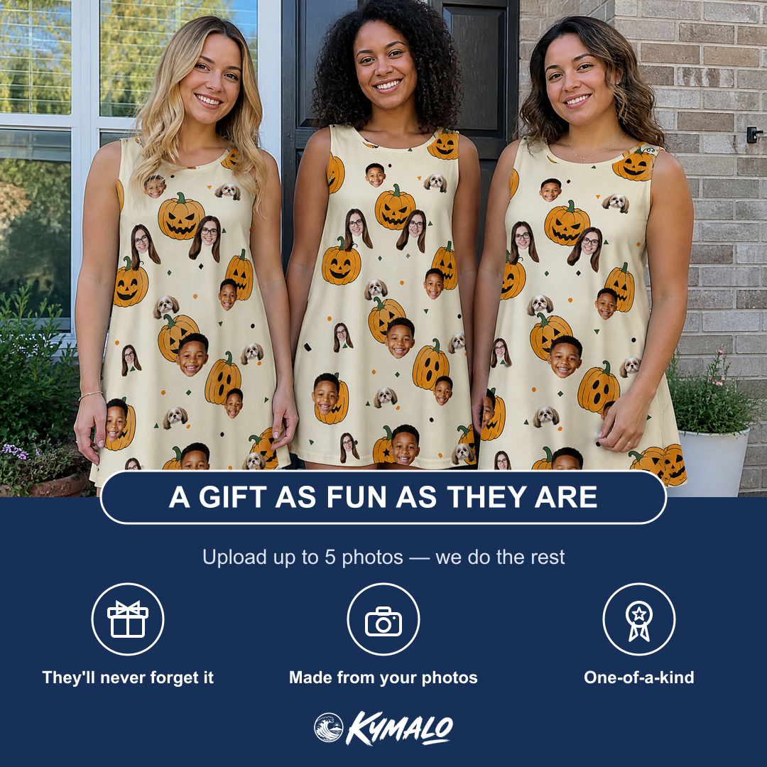 Friends in matching Women's Ember Eyes Custom Face Tank Dress — a group gift photo