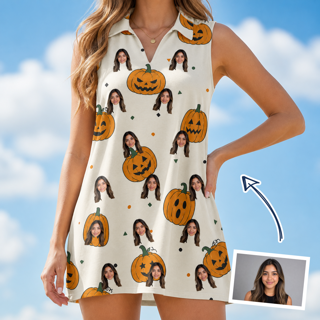 Woman wearing Women's Ember Eyes Custom Face V-Neck Dress — custom faces printed all-over