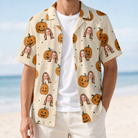 Man wearing Men's Ember Eyes Custom Face Hawaiian Shirt open over a white tee