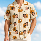 Model wearing Men's Ember Eyes Custom Face Hawaiian Shirt printed with kids' faces