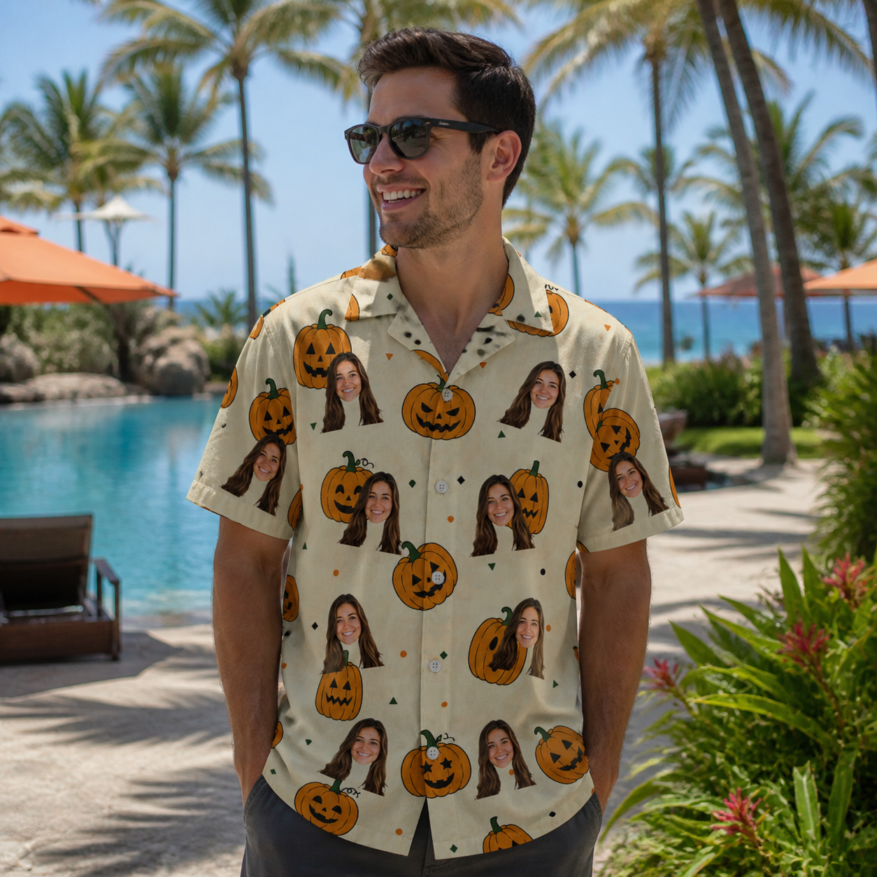 Real-life photo of someone wearing Men's Ember Eyes Custom Face Hawaiian Shirt — custom faces printed all-over