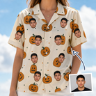 Woman wearing Women's Ember Eyes Custom Face Hawaiian Shirt — custom faces printed all-over
