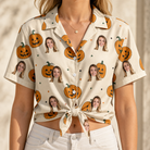 Woman wearing Women's Ember Eyes Custom Face Hawaiian Shirt tied at the waist