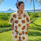 Real-life photo of someone wearing Women's Ember Eyes Custom Face Hawaiian Shirt — custom faces printed all-over