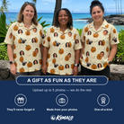 Friends in matching Women's Ember Eyes Custom Face Hawaiian Shirt — a group gift photo