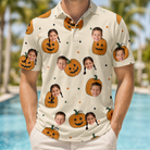 Model wearing Men's Ember Eyes Custom Face Polo Shirt printed with kids' faces