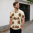 Real-life photo of someone wearing Men's Ember Eyes Custom Face Polo Shirt — custom faces printed all-over