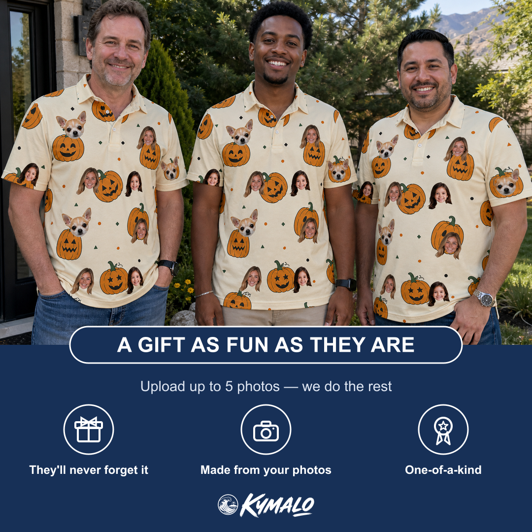 Friends in matching Men's Ember Eyes Custom Face Polo Shirt — a group gift photo