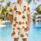 Model wearing Men's Ember Eyes Custom Face Shirt & Shorts Set printed with kids' faces
