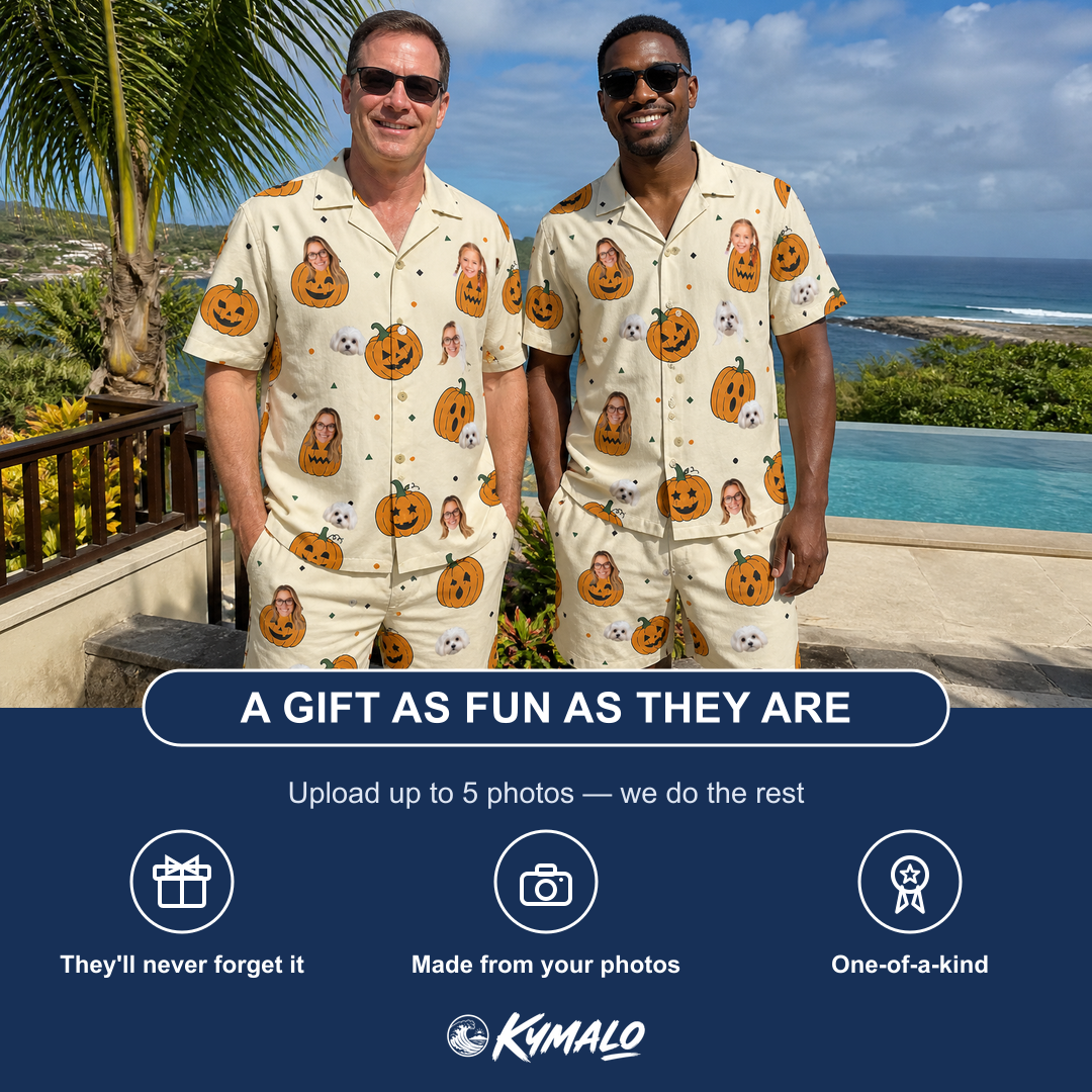 Friends in matching Men's Ember Eyes Custom Face Shirt & Shorts Set — a group gift photo