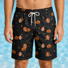 Model wearing Men's Cackle Carvings Custom Face Beach Shorts printed with kids' faces