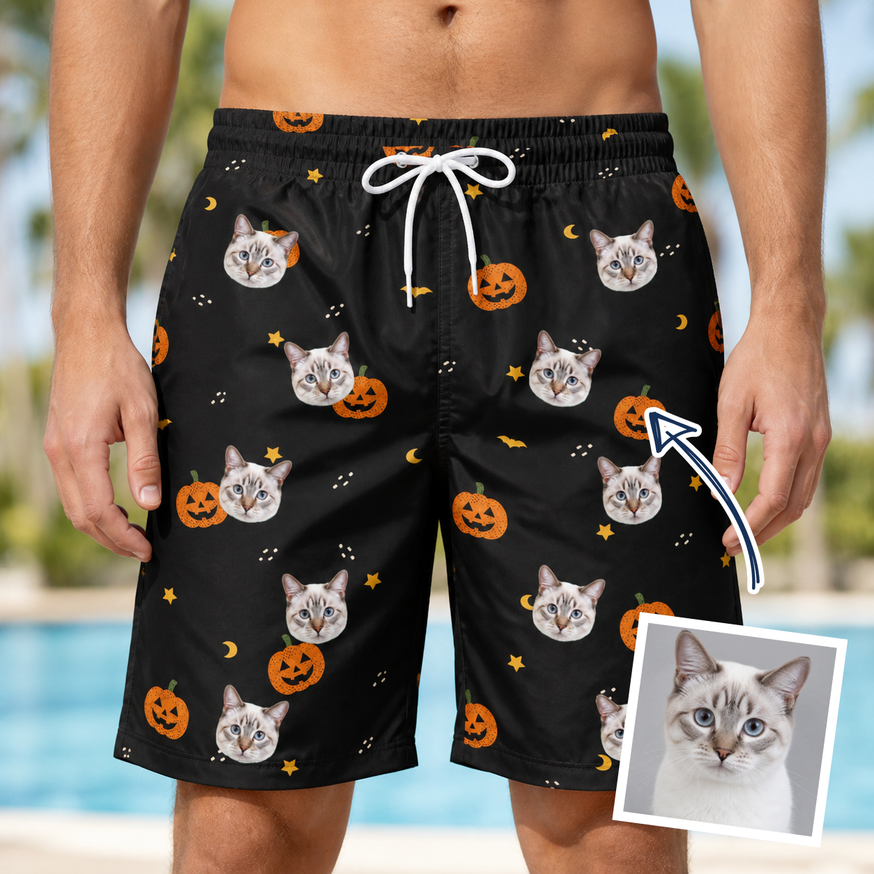 Man wearing Men's Cackle Carvings Custom Cat Face Beach Shorts — custom faces printed all-over