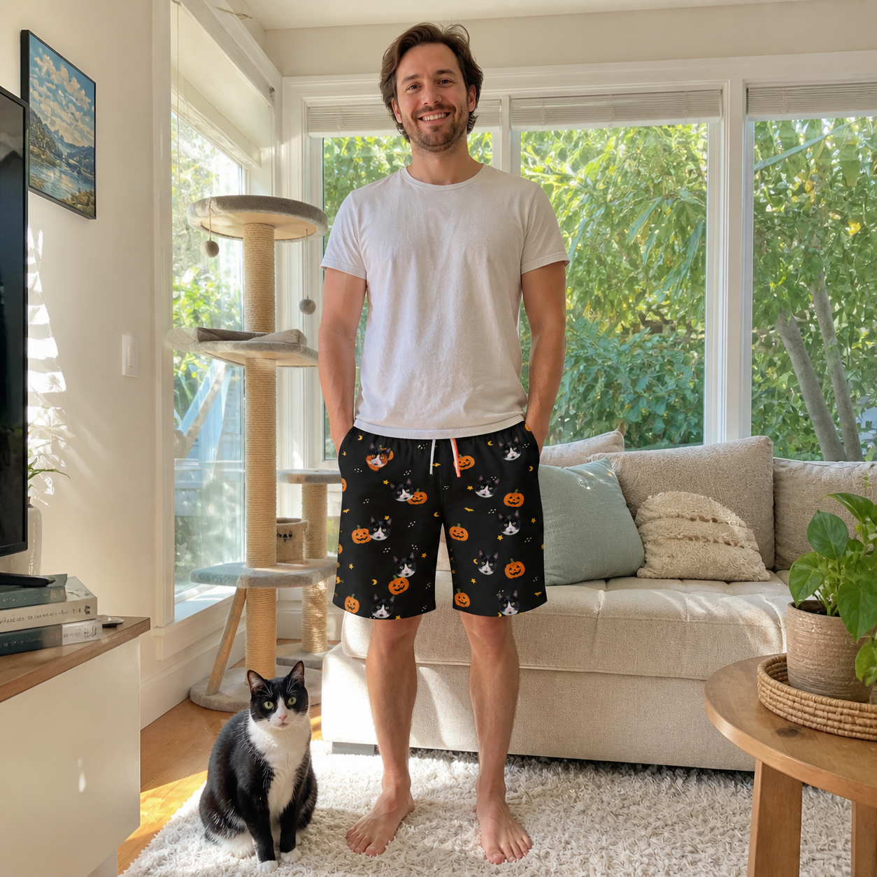 Full-length photo with the pet printed all over this Men's Cackle Carvings Custom Cat Face Beach Shorts