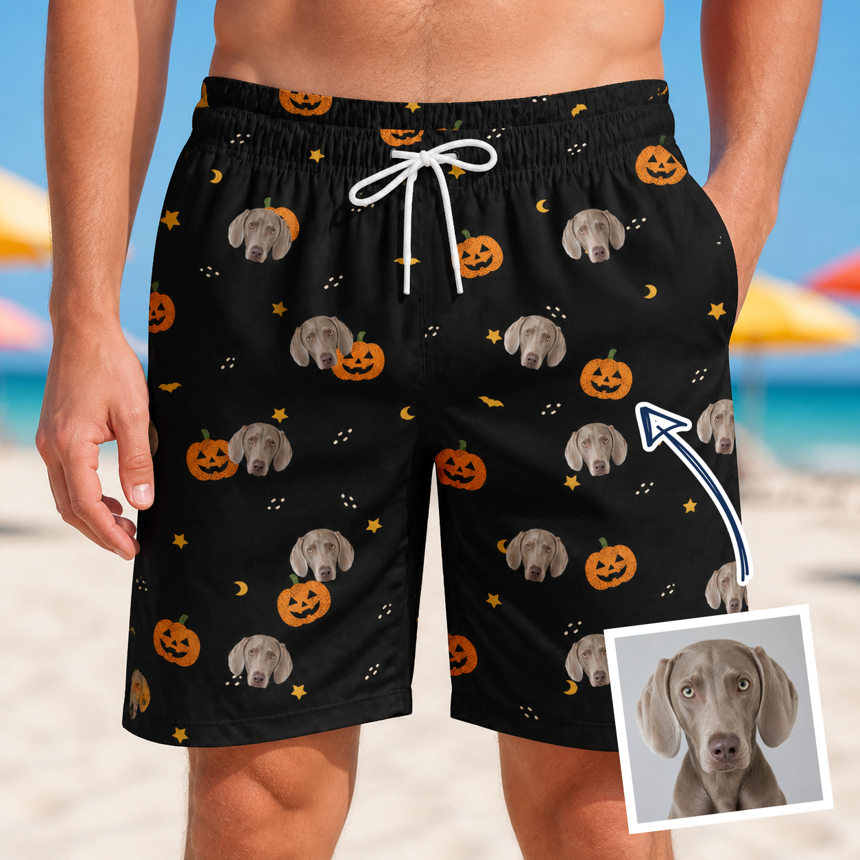 Man wearing Men's Cackle Carvings Custom Dog Face Beach Shorts — custom faces printed all-over