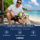 Friends in matching Men's Cackle Carvings Custom Dog Face Beach Shorts — a group gift photo