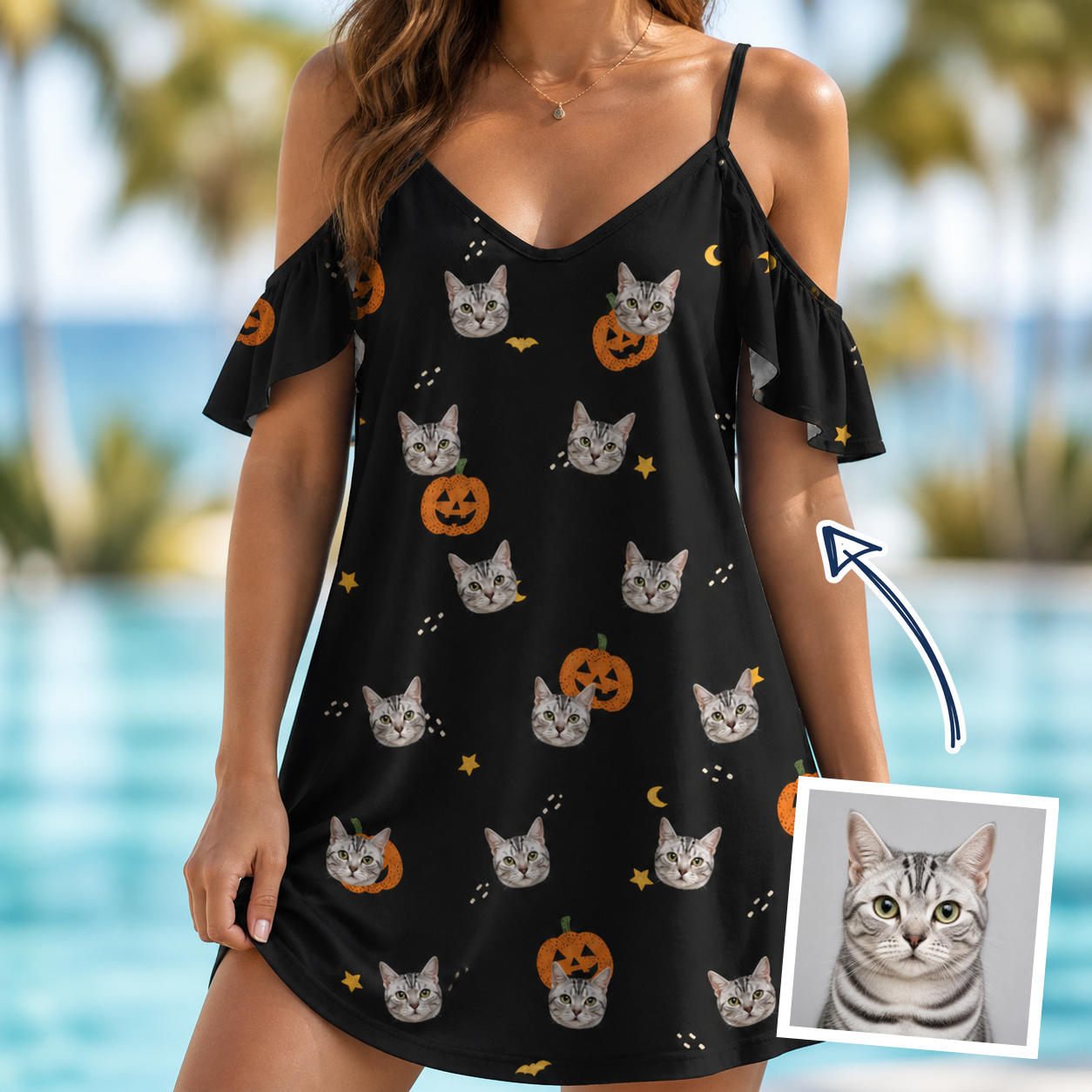 Woman wearing Women's Cackle Carvings Custom Cat Face Off-Shoulder Dress — custom faces printed all-over