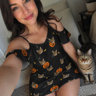 Selfie with the pet whose face is printed all over this Women's Cackle Carvings Custom Cat Face Off-Shoulder Dress