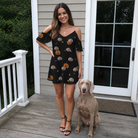 Full-length photo with the pet printed all over this Women's Cackle Carvings Custom Dog Face Off-Shoulder Dress
