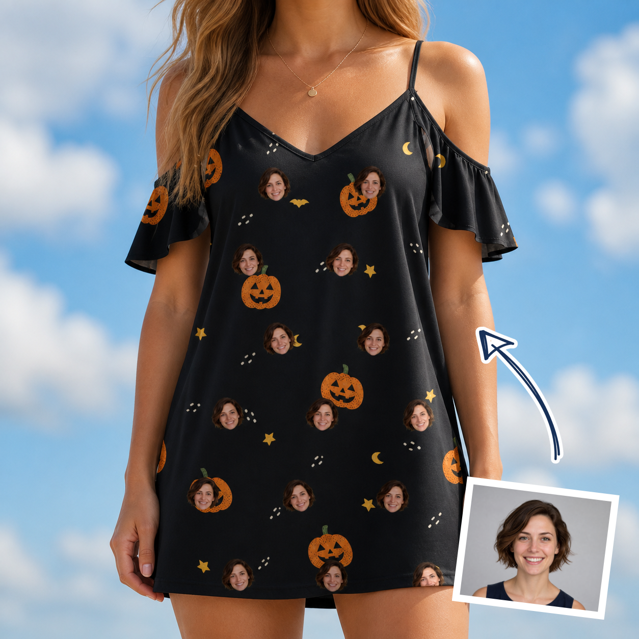 Woman wearing Women's Cackle Carvings Custom Face Off-Shoulder Dress — custom faces printed all-over