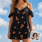 Woman wearing Women's Cackle Carvings Custom Face Off-Shoulder Dress — custom faces printed all-over