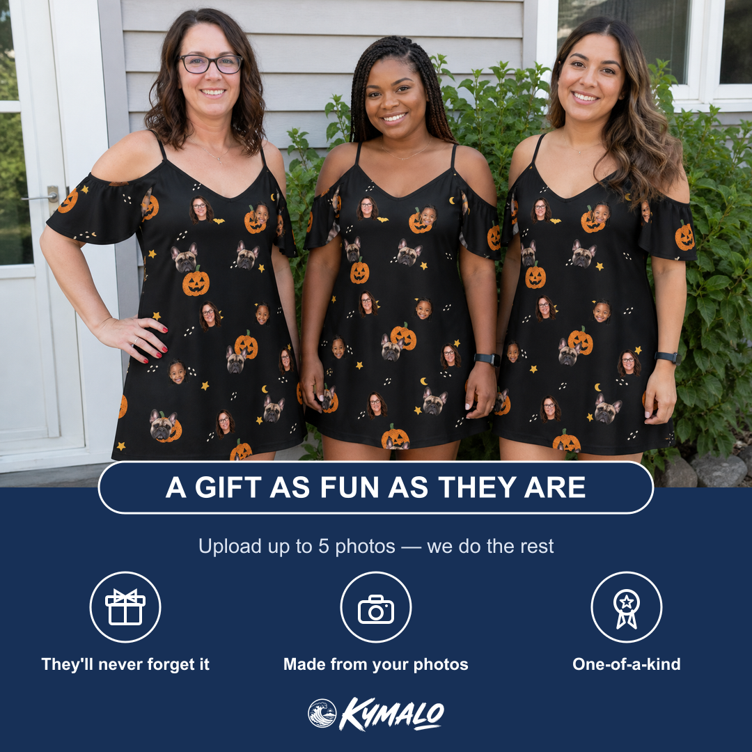 Friends in matching Women's Cackle Carvings Custom Face Off-Shoulder Dress — a group gift photo