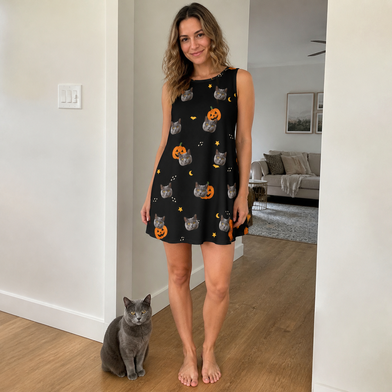 Full-length photo with the pet printed all over this Women's Cackle Carvings Custom Cat Face Tank Dress