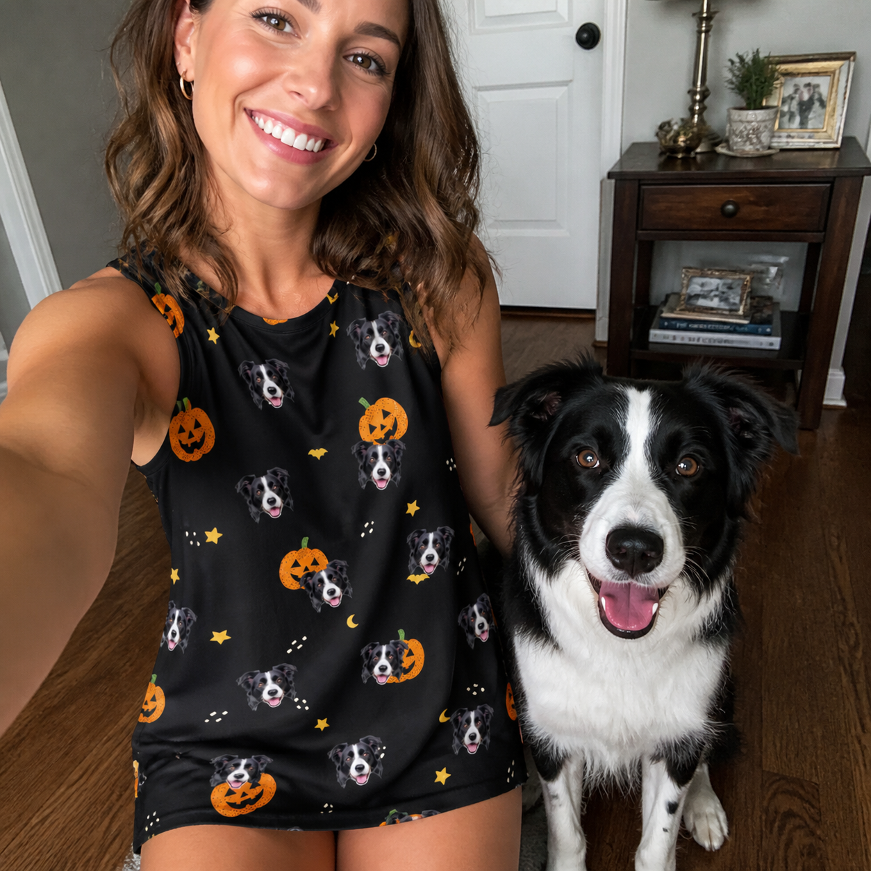 Selfie with the pet whose face is printed all over this Women's Cackle Carvings Custom Dog Face Tank Dress