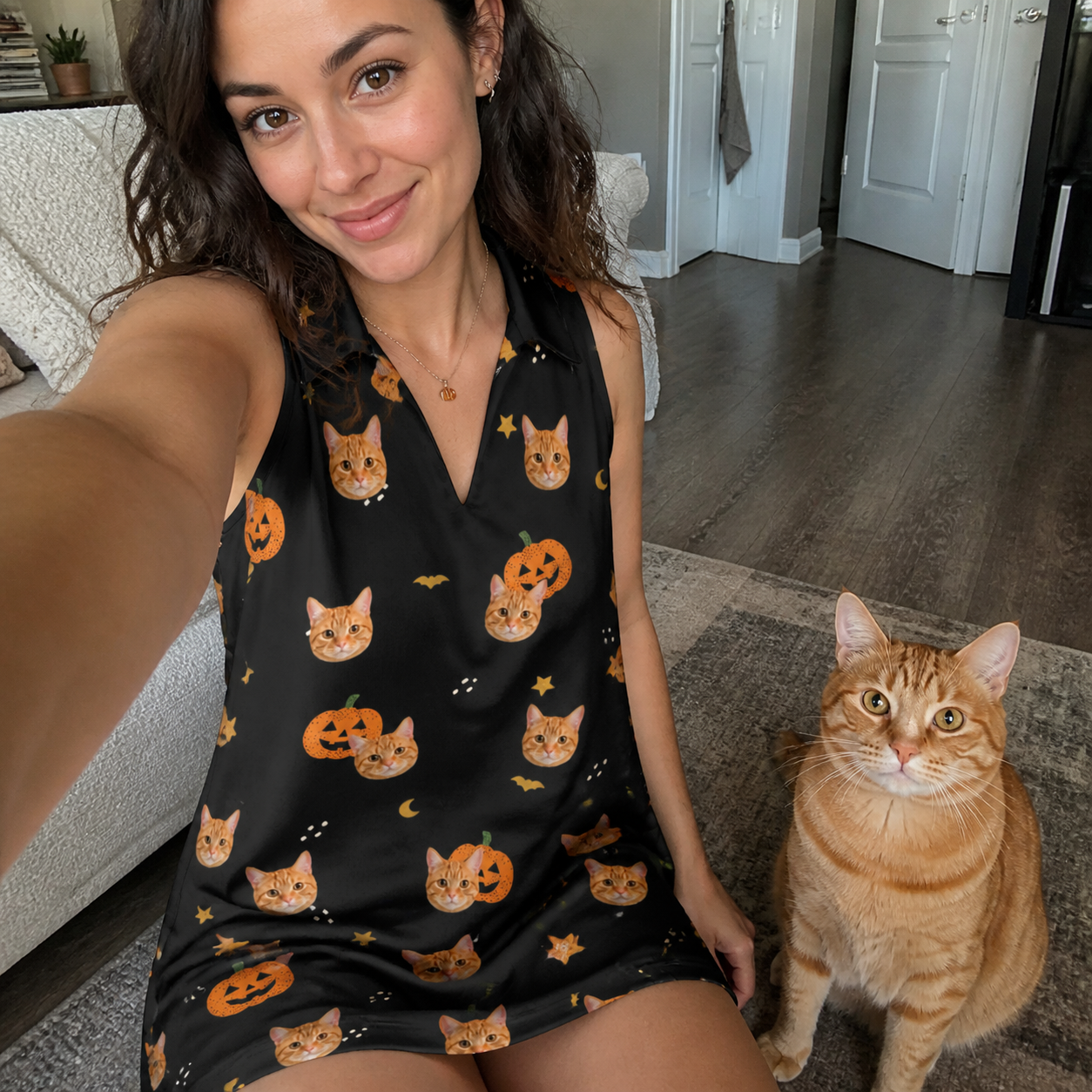Selfie with the pet whose face is printed all over this Women's Cackle Carvings Custom Cat Face V-Neck Dress