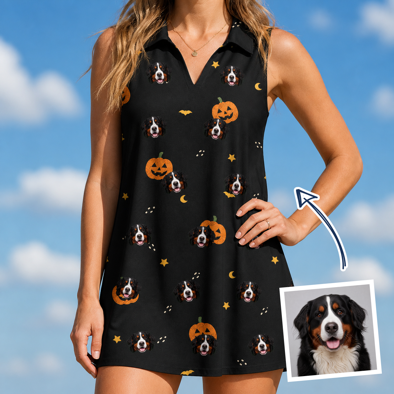 Woman wearing Women's Cackle Carvings Custom Dog Face V-Neck Dress — custom faces printed all-over