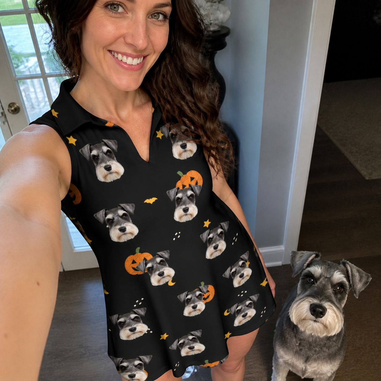Selfie with the pet whose face is printed all over this Women's Cackle Carvings Custom Dog Face V-Neck Dress