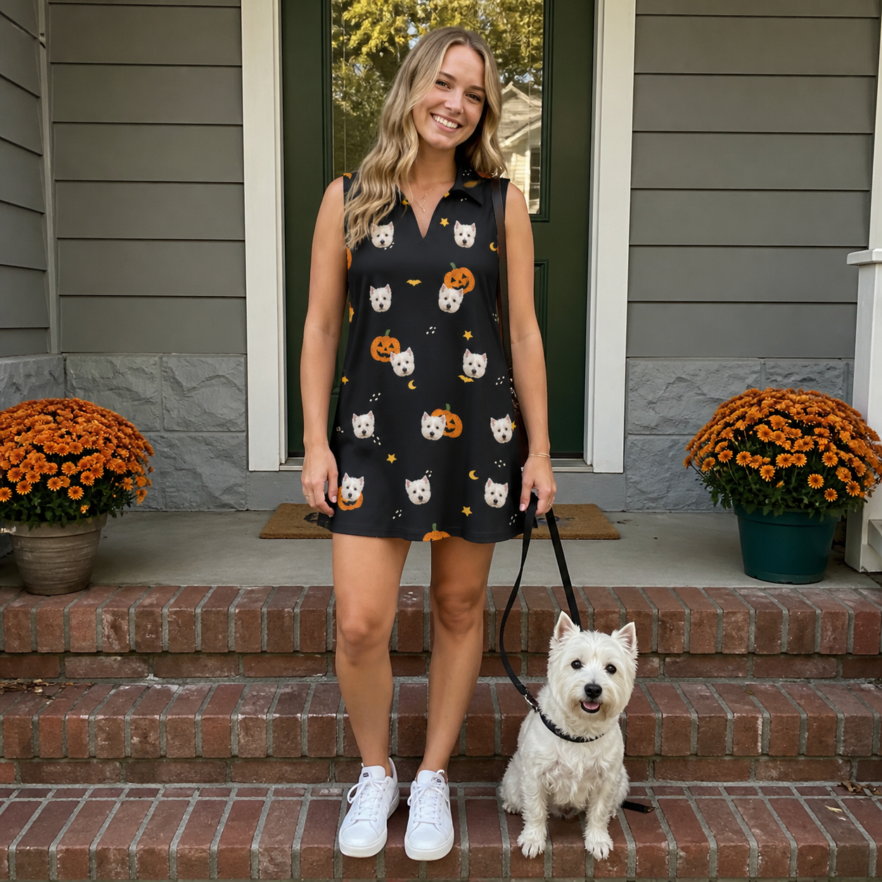 Full-length photo with the pet printed all over this Women's Cackle Carvings Custom Dog Face V-Neck Dress