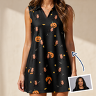 Woman wearing Women's Cackle Carvings Custom Face V-Neck Dress — custom faces printed all-over