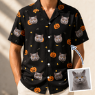 Man wearing Men's Cackle Carvings Custom Cat Face Hawaiian Shirt — custom faces printed all-over