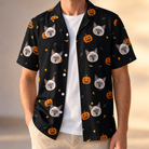Man wearing Men's Cackle Carvings Custom Cat Face Hawaiian Shirt open over a white tee