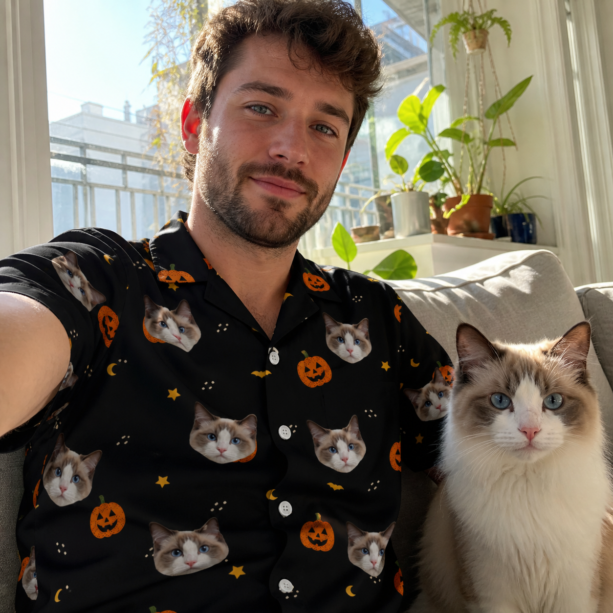 Selfie with the pet whose face is printed all over this Men's Cackle Carvings Custom Cat Face Hawaiian Shirt