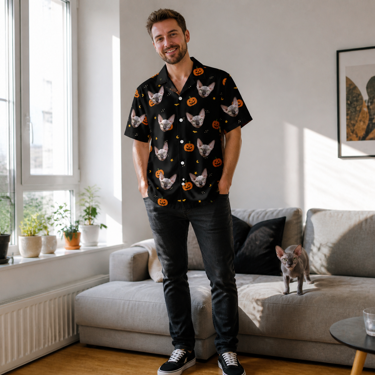 Full-length photo with the pet printed all over this Men's Cackle Carvings Custom Cat Face Hawaiian Shirt