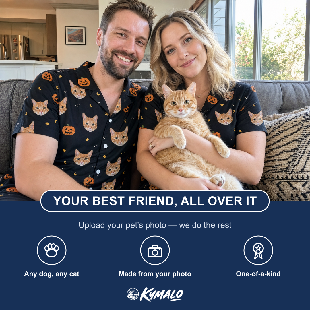 Friends in matching Men's Cackle Carvings Custom Cat Face Hawaiian Shirt — a group gift photo
