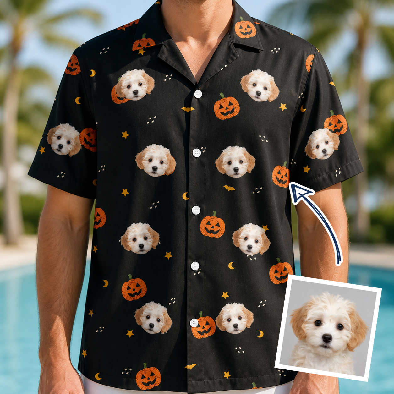Man wearing Men's Cackle Carvings Custom Dog Face Hawaiian Shirt — custom faces printed all-over