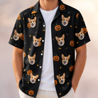 Man wearing Men's Cackle Carvings Custom Dog Face Hawaiian Shirt open over a white tee