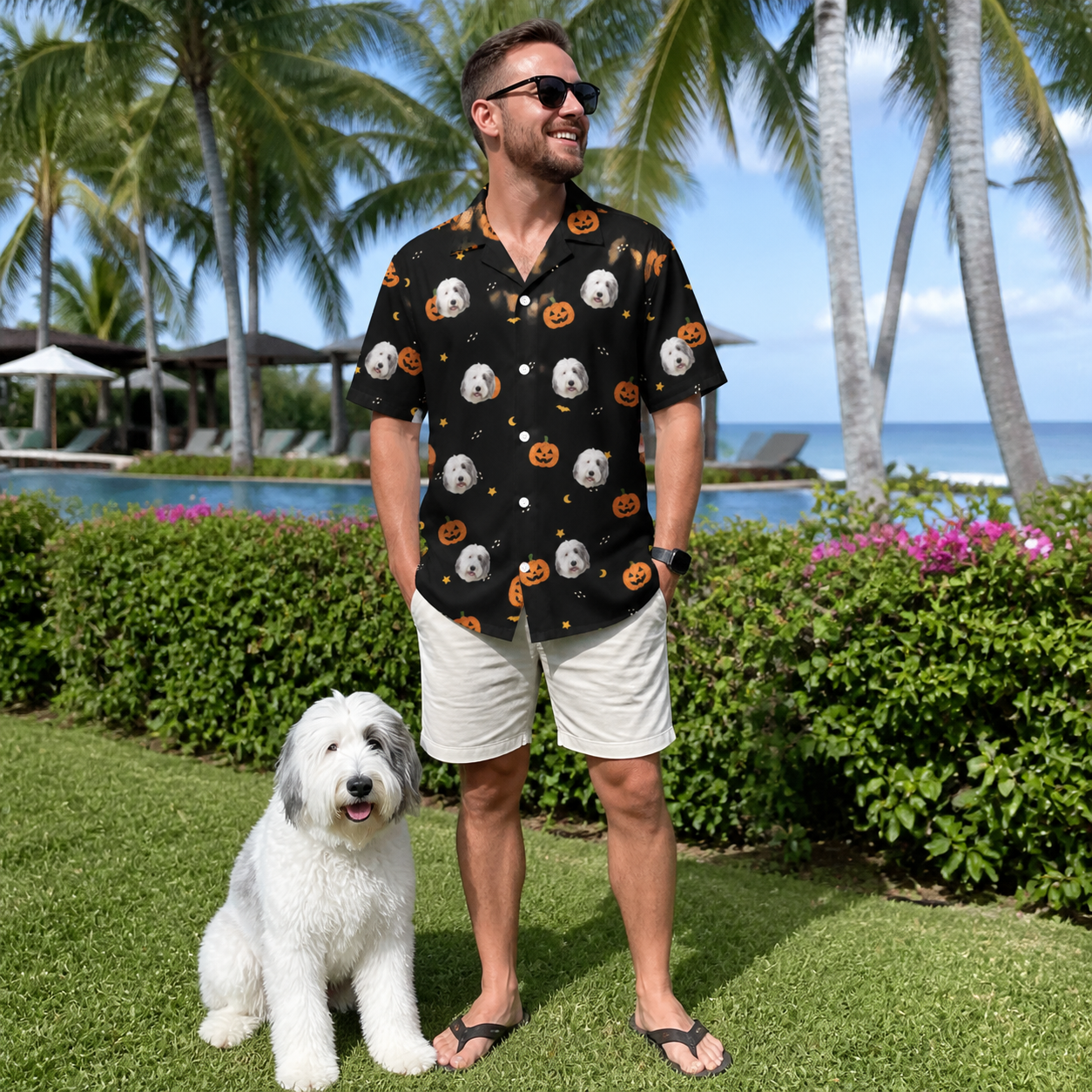 Full-length photo with the pet printed all over this Men's Cackle Carvings Custom Dog Face Hawaiian Shirt