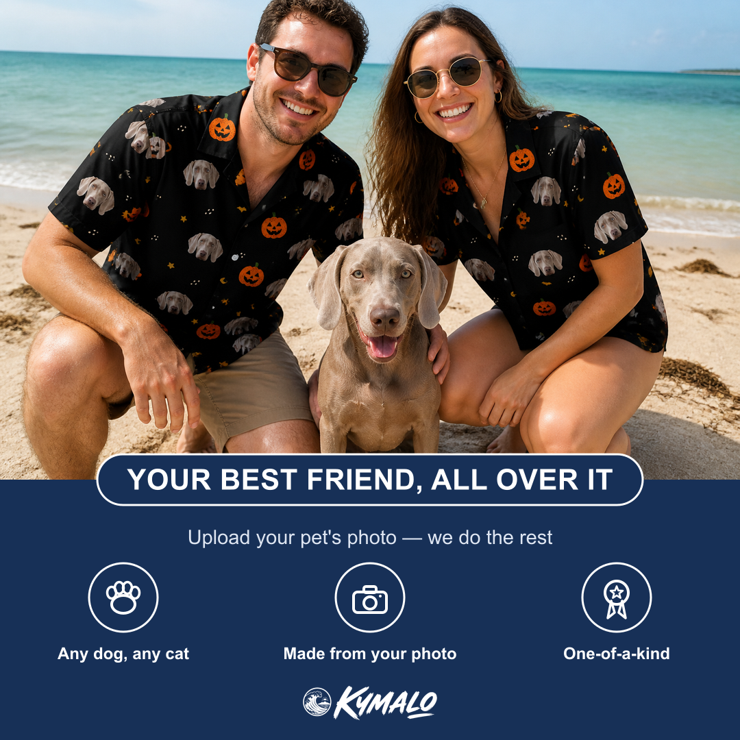 Friends in matching Men's Cackle Carvings Custom Dog Face Hawaiian Shirt — a group gift photo