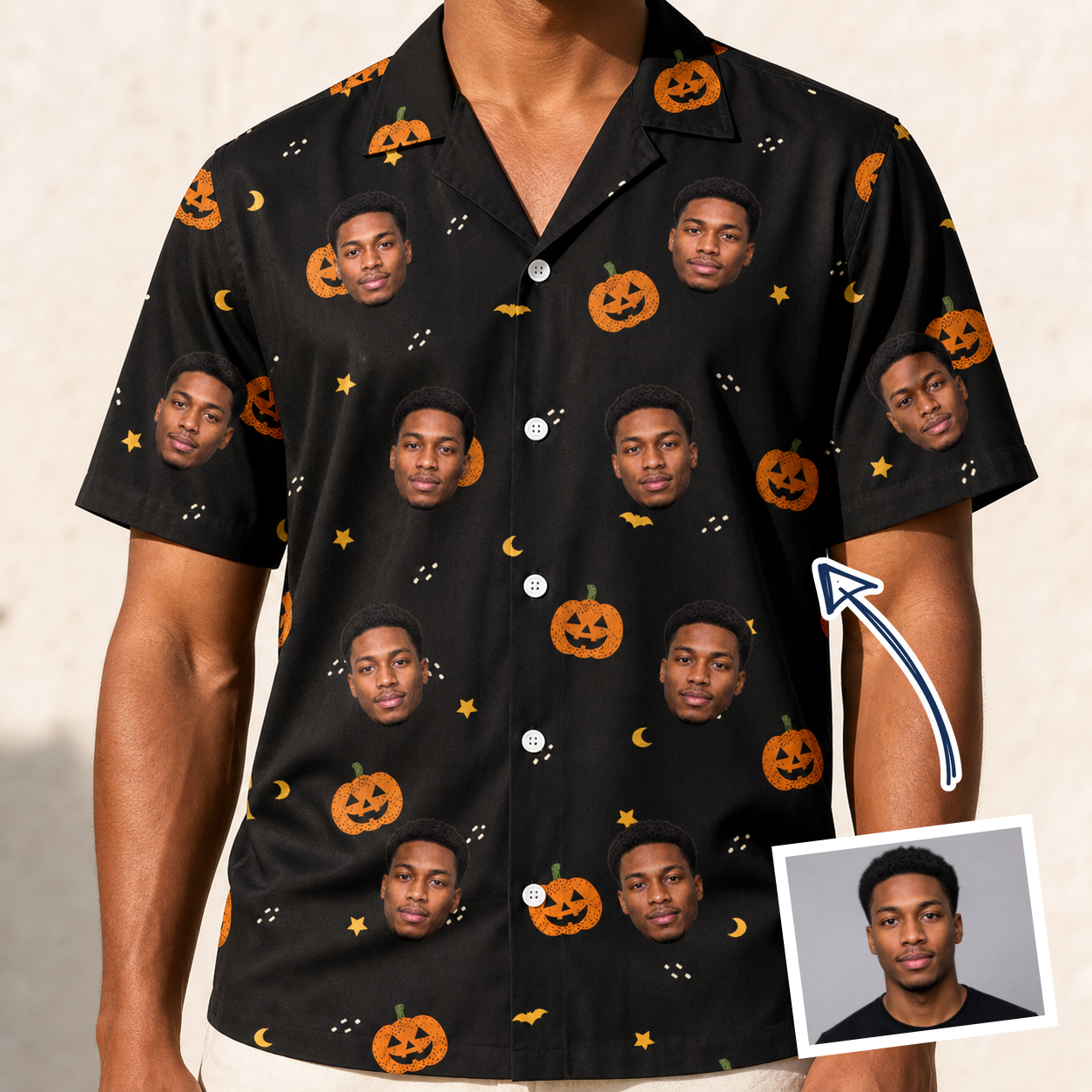 Man wearing Men's Cackle Carvings Custom Face Hawaiian Shirt — custom faces printed all-over