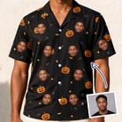 Man wearing Men's Cackle Carvings Custom Face Hawaiian Shirt — custom faces printed all-over