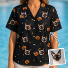 Woman wearing Women's Cackle Carvings Custom Cat Face Hawaiian Shirt — custom faces printed all-over